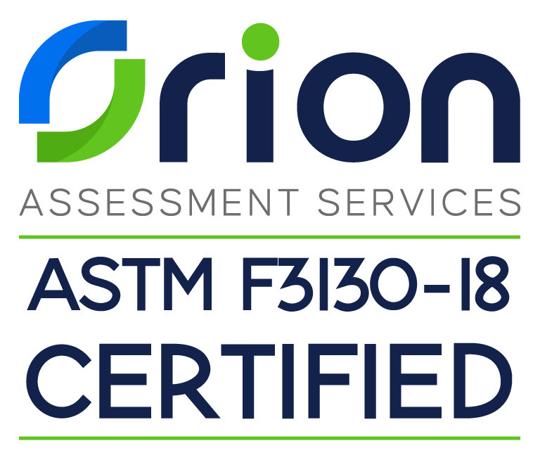 ASTM F3130-18 Certified with Orion Assessment Services logo